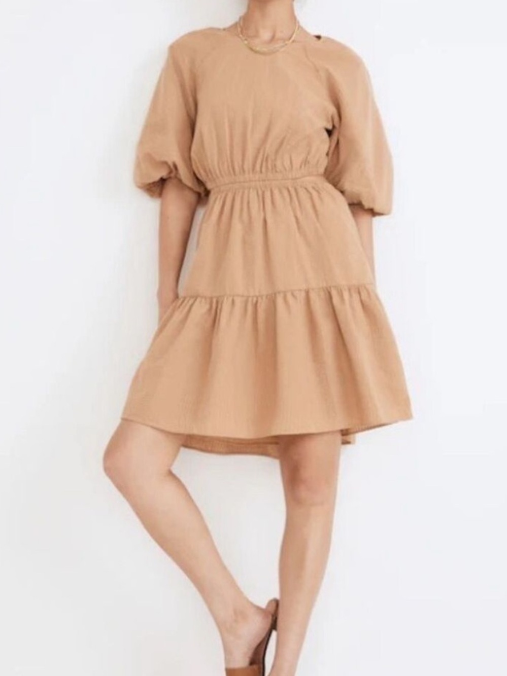 Madewell Seersucker Puff-Sleeve Cutout Mini Dress Seed Khaki Women’s Size Small